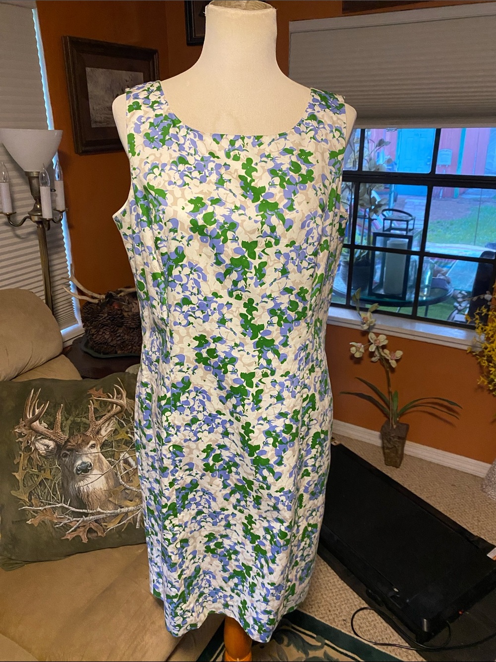 BROOKS BROTHERS White Floral Lined Cotton Shift Dress with Blue & Green Print
